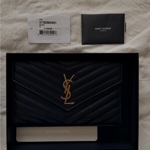 Saint Laurent Black Chevron Wallet with Gold YSL Logo
